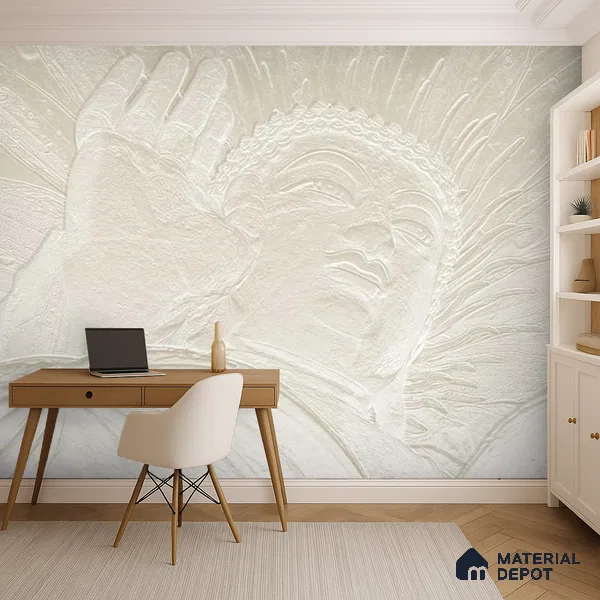 Gesture of Infinite Compassion Mystic Stone Buddha | WP 04097 Non Woven Matte Finish Indian Style Premium Customized size Wallpaper | 150 GSM WP01MTF Paper | (MOQ = 30 Sq. Ft.)