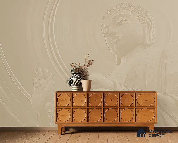 Whisper of Enlightenment Mystic Stone Buddha | WP 04095 Non Woven Matte Finish Indian Style Premium Customized size Wallpaper | 150 GSM WP01MTF Paper | (MOQ = 30 Sq. Ft.)