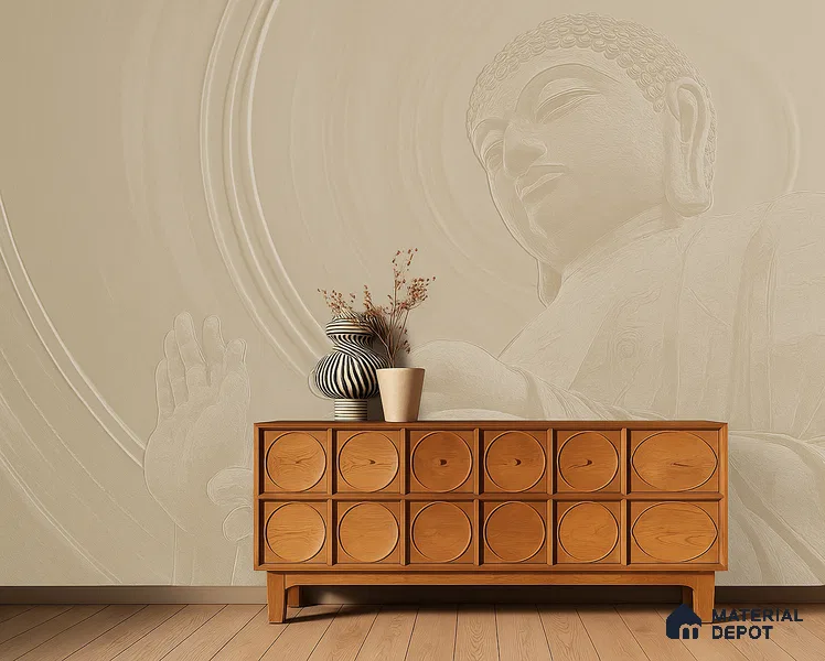 Whisper of Enlightenment Mystic Stone Buddha | WP 04095 B Canvas Texture Finish Indian Style luxurious Customized size Wallpaper | 250 GSM WP01CNF Paper | (MOQ = 30 Sq. Ft.)