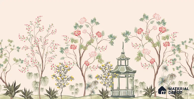 Light Peach Classic Asian Landscape Artistic Charm Designer | WP 03933 Non Woven Matte Finish Chinoiserie Style Premium Customized size Wallpaper | 150 GSM WP01MTF Paper | (MOQ = 30 Sq. Ft.)