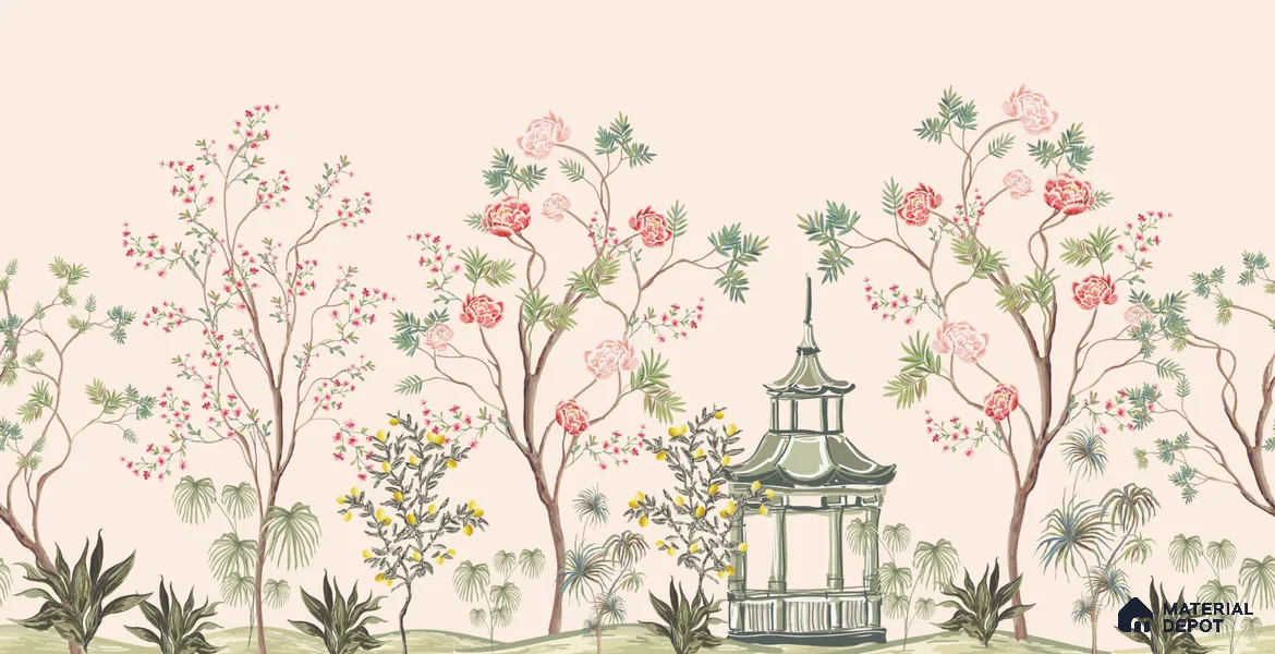 Light Peach Classic Asian Landscape Artistic Charm Designer | WP 03933 Non Woven Matte Finish Chinoiserie Style Premium Customized size Wallpaper | 150 GSM WP01MTF Paper | (MOQ = 30 Sq. Ft.)