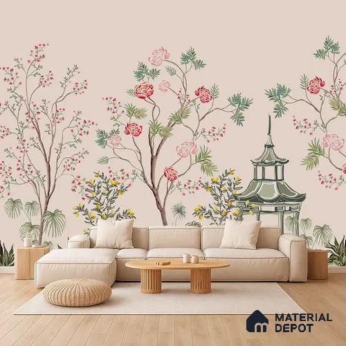 Light Peach Classic Asian Landscape Artistic Charm Designer | WP 03933 B Canvas Texture Finish Chinoiserie Style luxurious Customized size Wallpaper | 250 GSM WP01CNF Paper | (MOQ = 30 Sq. Ft.)