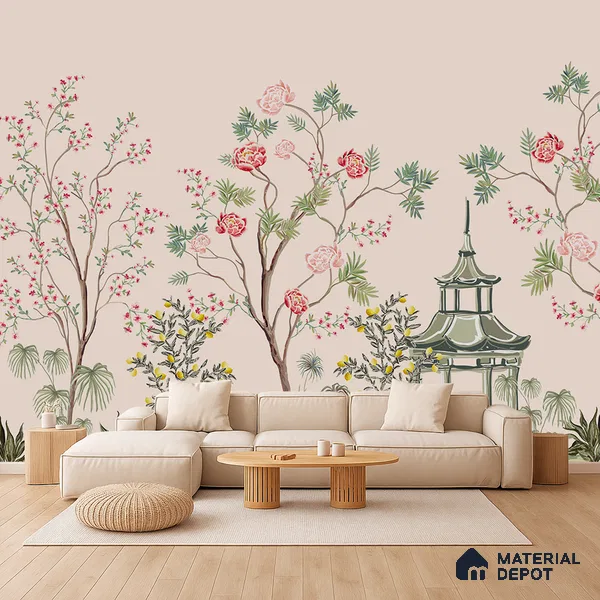 Light Peach Classic Asian Landscape Artistic Charm Designer | WP 03933 Non Woven Matte Finish Chinoiserie Style Premium Customized size Wallpaper | 150 GSM WP01MTF Paper | (MOQ = 30 Sq. Ft.)