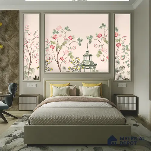 Light Peach Classic Asian Landscape Artistic Charm Designer | WP 03933 B Canvas Texture Finish Chinoiserie Style luxurious Customized size Wallpaper | 250 GSM WP01CNF Paper | (MOQ = 30 Sq. Ft.)