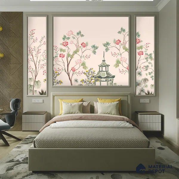 Light Peach Classic Asian Landscape Artistic Charm Designer | WP 03933 Non Woven Matte Finish Chinoiserie Style Premium Customized size Wallpaper | 150 GSM WP01MTF Paper | (MOQ = 30 Sq. Ft.)
