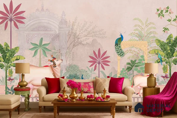 Pichwai Courtyard Life Ornamental Blossom Frame | WP 04178 Non Woven Matte Finish Tropical,Pichwai Style Premium Customized size Wallpaper | 150 GSM WP01MTF Paper | (MOQ = 30 Sq. Ft.) | Design change not possible