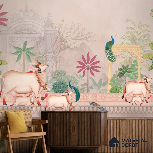 Pichwai Courtyard Life Ornamental Blossom Frame | WP 04178 B Canvas Texture Finish Tropical,Pichwai Style luxurious Customized size Wallpaper | 250 GSM WP01CNF Paper | (MOQ = 30 Sq. Ft.) | Design change not possible