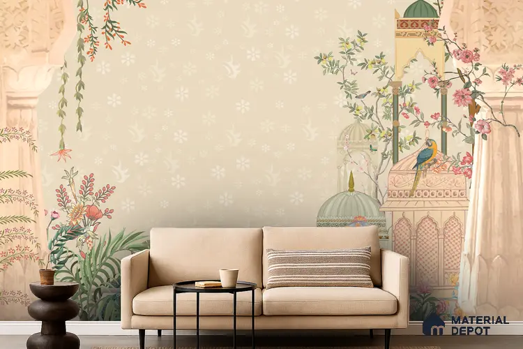Whispers Inside the Jharokha Pastel Arch With Woman | WP 04110 B Canvas Texture Finish Indian Style luxurious Customized size Wallpaper | 250 GSM WP01CNF Paper | (MOQ = 30 Sq. Ft.)