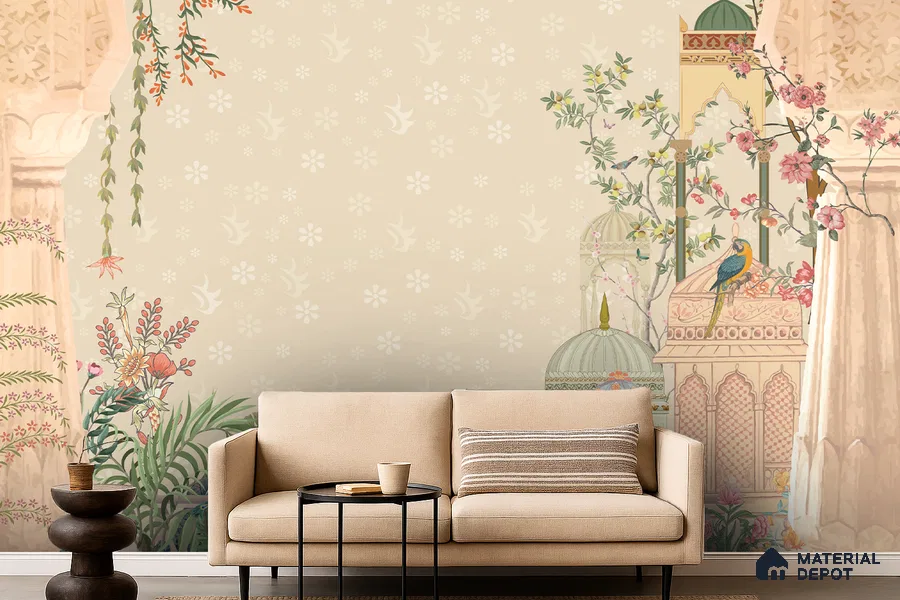 Whispers Inside the Jharokha Pastel Arch With Woman | WP 04110 B Canvas Texture Finish Indian Style luxurious Customized size Wallpaper | 250 GSM WP01CNF Paper | (MOQ = 30 Sq. Ft.)