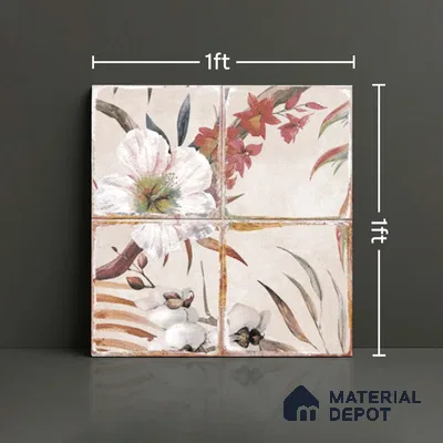 Floral Wall Tile TL 10113 B Antic Rubi Decor-1A (GMH-2) | 1 ft x 1 ft Ceramic Matte Finish - 9 mm | Suitable for Living Room, Bedroom, Terrace, Balcony, Dining | Please Expect a Slight Variation of Pattern