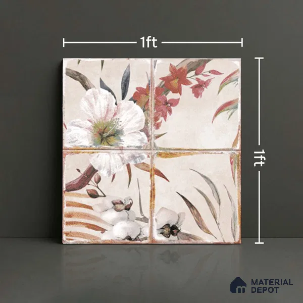Floral Wall Tile TL 10113 B Antic Rubi Decor-1A (GMH-2) | 1 ft x 1 ft Ceramic Matte Finish - 9 mm | Suitable for Living Room, Bedroom, Terrace, Balcony, Dining | Please Expect a Slight Variation of Pattern