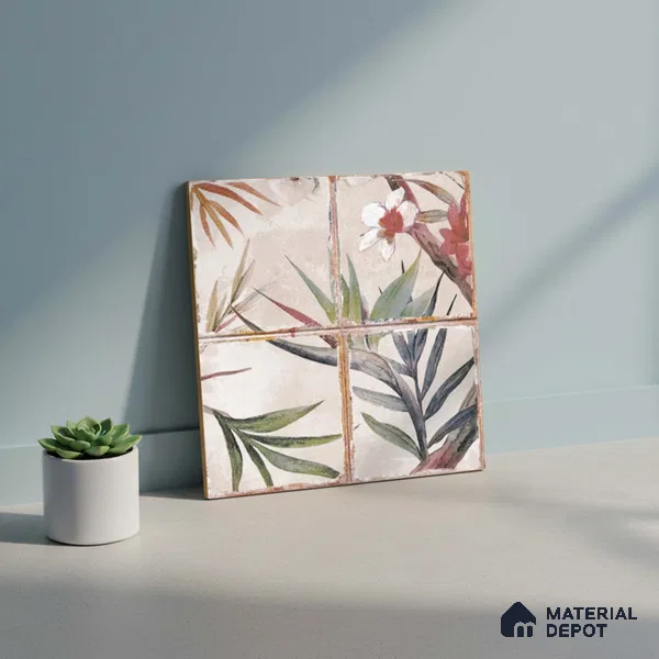 Floral Wall Tile TL 10113 D Antic Rubi Decor-1C (GMH-2) | 1 ft x 1 ft Ceramic Matte Finish - 9 mm | Suitable for Living Room, Bedroom, Terrace, Balcony, Dining | Please Expect a Slight Variation of Pattern