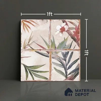 Floral Wall Tile TL 10113 D Antic Rubi Decor-1C (GMH-2) | 1 ft x 1 ft Ceramic Matte Finish - 9 mm | Suitable for Living Room, Bedroom, Terrace, Balcony, Dining | Please Expect a Slight Variation of Pattern
