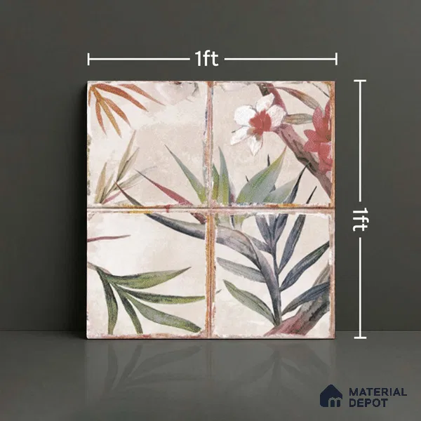 Floral Wall Tile TL 10113 D Antic Rubi Decor-1C (GMH-2) | 1 ft x 1 ft Ceramic Matte Finish - 9 mm | Suitable for Living Room, Bedroom, Terrace, Balcony, Dining | Please Expect a Slight Variation of Pattern