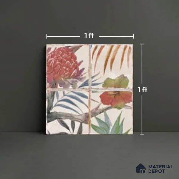 Floral Wall Tile TL 10113 E Antic Rubi Decor-1D (GMH-2) | 1 ft x 1 ft Ceramic Matte Finish - 9 mm | Suitable for Living Room, Bedroom, Terrace, Balcony, Dining | Please Expect a Slight Variation of Pattern (Sample)