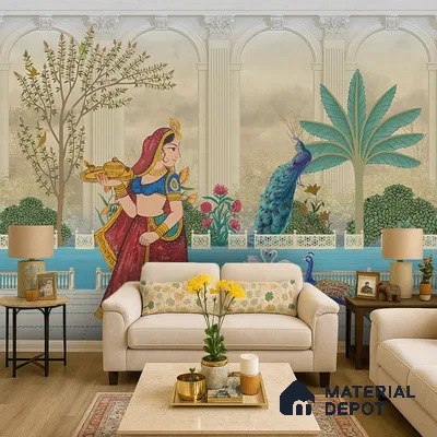 Rajangan - Palace Garden Murals Saffron Print | WP 04172 Non Woven Matte Finish Indian Style Premium Customized size Wallpaper | 150 GSM WP01MTF Paper | (MOQ = 30 Sq. Ft.) | Design change not possible