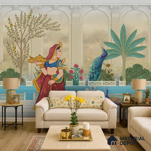 Rajangan - Palace Garden Murals Saffron Print | WP 04172 Non Woven Matte Finish Indian Style Premium Customized size Wallpaper | 150 GSM WP01MTF Paper | (MOQ = 30 Sq. Ft.) | Design change not possible