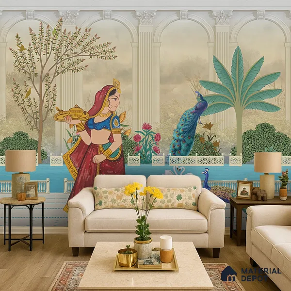Rajangan - Palace Garden Murals Saffron Print | WP 04172 Non Woven Matte Finish Indian Style Premium Customized size Wallpaper | 150 GSM WP01MTF Paper | (MOQ = 30 Sq. Ft.) | Design change not possible