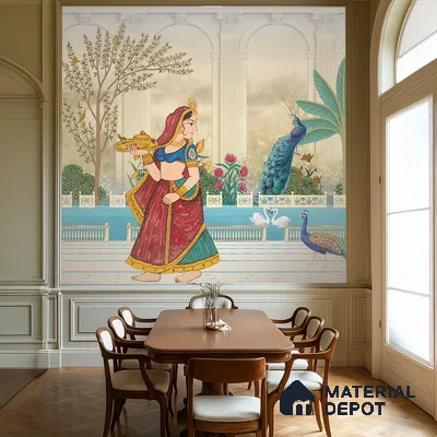 Rajangan - Palace Garden Murals Saffron Print | WP 04172 Non Woven Matte Finish Indian Style Premium Customized size Wallpaper | 150 GSM WP01MTF Paper | (MOQ = 30 Sq. Ft.) | Design change not possible