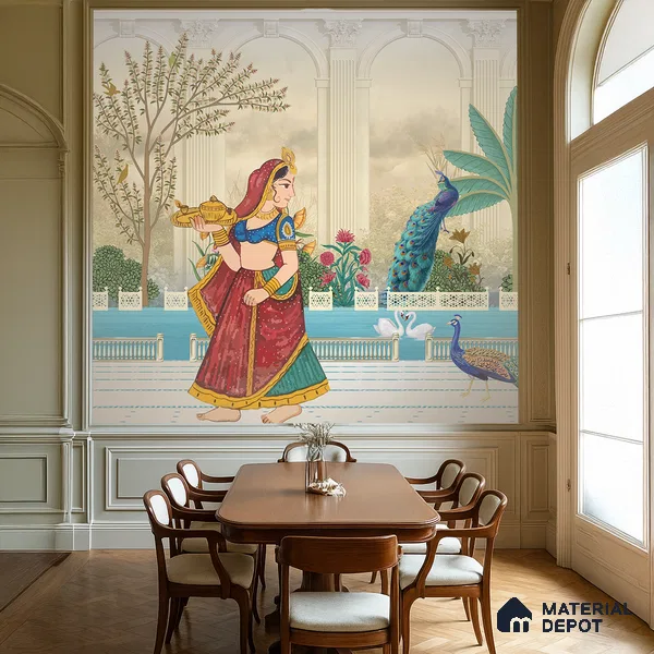 Rajangan - Palace Garden Murals Saffron Print | WP 04172 Non Woven Matte Finish Indian Style Premium Customized size Wallpaper | 150 GSM WP01MTF Paper | (MOQ = 30 Sq. Ft.) | Design change not possible