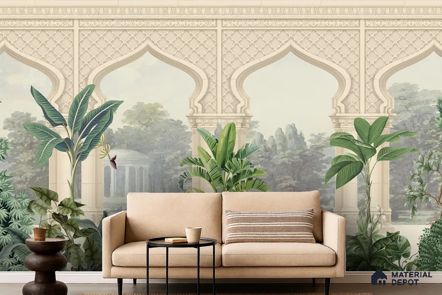 Whispering Garden Arches Silk Thread Gulbahar Print | WP 04189 B Canvas Texture Finish Indian Style luxurious Customized size Wallpaper | 250 GSM WP01CNF Paper | (MOQ = 30 Sq. Ft.)