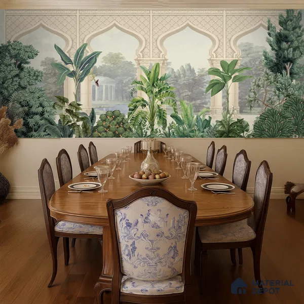 Whispering Garden Arches Silk Thread Gulbahar Print | WP 04189 B Canvas Texture Finish Indian Style luxurious Customized size Wallpaper | 250 GSM WP01CNF Paper | (MOQ = 30 Sq. Ft.)