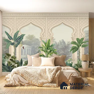 Whispering Garden Arches Silk Thread Gulbahar Print | WP 04189 B Canvas Texture Finish Indian Style luxurious Customized size Wallpaper | 250 GSM WP01CNF Paper | (MOQ = 30 Sq. Ft.)