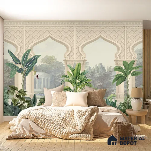 Whispering Garden Arches Silk Thread Gulbahar Print | WP 04189 B Canvas Texture Finish Indian Style luxurious Customized size Wallpaper | 250 GSM WP01CNF Paper | (MOQ = 30 Sq. Ft.)