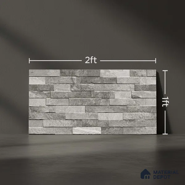 Stacked Stone Wall Tile TL 06583 C Brasil Gris 2 ft x 1 ft Ceramic Matte Finish - 9 mm | Suitable for Courtyard, Foyer, Balcony, Elevation