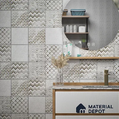 Subway Wall & Floor Tile TL 06431 J Coastal Glam White Base 8 x 8 inch Ceramic Matte Finish - 10 mm | 36 Random Design | Suitable for Accent / Feature Walls, Bathroom, Kitchen Wall & Backsplashes (Sample)