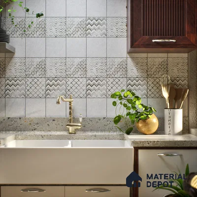 Subway Wall & Floor Tile TL 06431 J Coastal Glam White Base 8 x 8 inch Ceramic Matte Finish - 10 mm | 36 Random Design | Suitable for Accent / Feature Walls, Bathroom, Kitchen Wall & Backsplashes (Sample)