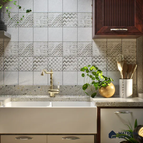 Subway Wall & Floor Tile TL 06431 J Coastal Glam White Base 8 x 8 inch Ceramic Matte Finish - 10 mm | 36 Random Design | Suitable for Accent / Feature Walls, Bathroom, Kitchen Wall & Backsplashes (Sample)