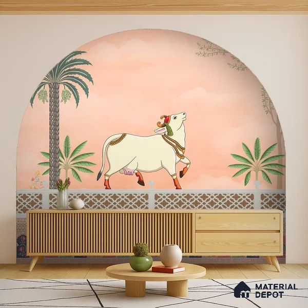 Kamdhenu Pichwai Traditional Kashmiri Embroidered Style | WP 04180 B Canvas Texture Finish Animal Print,Pichwai Style luxurious Customized size Wallpaper | 250 GSM WP01CNF Paper | (MOQ = 30 Sq. Ft.) | Design change not possible
