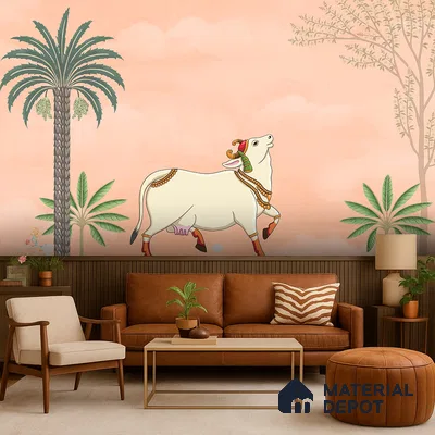 Kamdhenu Pichwai Traditional Kashmiri Embroidered Style | WP 04180 B Canvas Texture Finish Animal Print,Pichwai Style luxurious Customized size Wallpaper | 250 GSM WP01CNF Paper | (MOQ = 30 Sq. Ft.) | Design change not possible