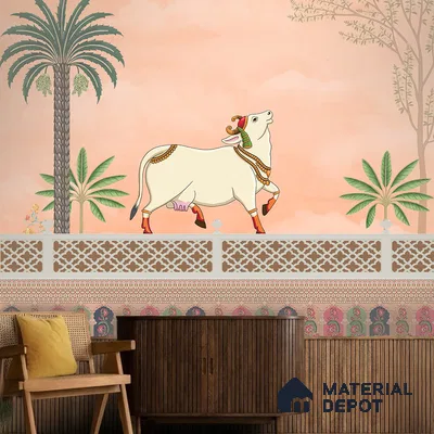 Kamdhenu Pichwai Traditional Kashmiri Embroidered Style | WP 04180 B Canvas Texture Finish Animal Print,Pichwai Style luxurious Customized size Wallpaper | 250 GSM WP01CNF Paper | (MOQ = 30 Sq. Ft.) | Design change not possible
