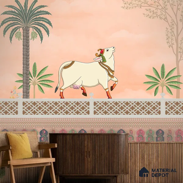 Kamdhenu Pichwai Traditional Kashmiri Embroidered Style | WP 04180 B Canvas Texture Finish Animal Print,Pichwai Style luxurious Customized size Wallpaper | 250 GSM WP01CNF Paper | (MOQ = 30 Sq. Ft.) | Design change not possible