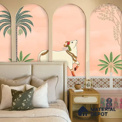 Kamdhenu Pichwai Traditional Kashmiri Embroidered Style | WP 04180 B Canvas Texture Finish Animal Print,Pichwai Style luxurious Customized size Wallpaper | 250 GSM WP01CNF Paper | (MOQ = 30 Sq. Ft.) | Design change not possible