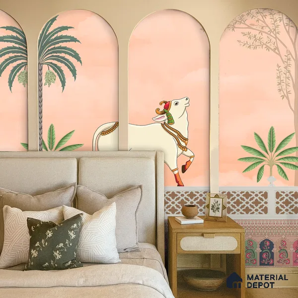 Kamdhenu Pichwai Traditional Kashmiri Embroidered Style | WP 04180 B Canvas Texture Finish Animal Print,Pichwai Style luxurious Customized size Wallpaper | 250 GSM WP01CNF Paper | (MOQ = 30 Sq. Ft.) | Design change not possible