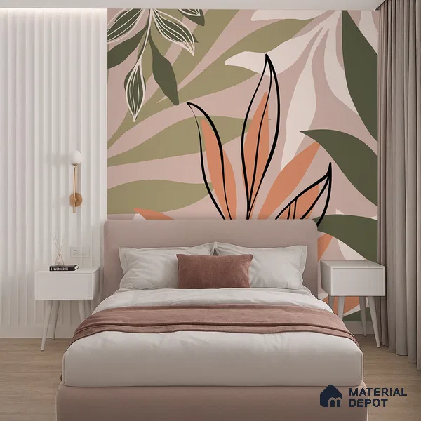 Warm Beige Abstract Leaf Line Tropical Mist Nature Art | WP 03923 B Canvas Texture Finish Tropical Style luxurious Customized size Wallpaper | 250 GSM WP01CNF Paper | (MOQ = 30 Sq. Ft.)