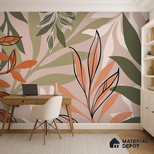 Warm Beige Abstract Leaf Line Tropical Mist Nature Art | WP 03923 B Canvas Texture Finish Tropical Style luxurious Customized size Wallpaper | 250 GSM WP01CNF Paper | (MOQ = 30 Sq. Ft.)