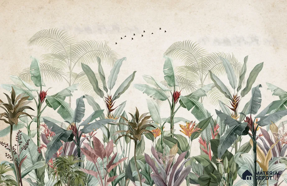 Whispering Banana Grove Tropical Mist Nature Art | WP 03991 B Canvas Texture Finish Tropical Style luxurious Customized size Wallpaper | 250 GSM WP01CNF Paper | (MOQ = 30 Sq. Ft.) | Design change not possible