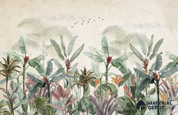 Whispering Banana Grove Tropical Mist Nature Art | WP 03991 Non Woven Matte Finish Tropical Style Premium Customized size Wallpaper | 150 GSM WP01MTF Paper | (MOQ = 30 Sq. Ft.) | Design change not possible
