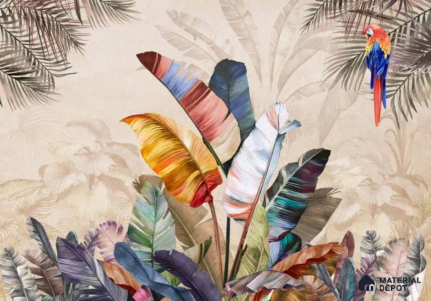 Feathers of the Painted Tropical Mist Nature Art | WP 04001 Non Woven Matte Finish Tropical Style Premium Customized size Wallpaper | 150 GSM WP01MTF Paper | (MOQ = 30 Sq. Ft.) | Design change not possible