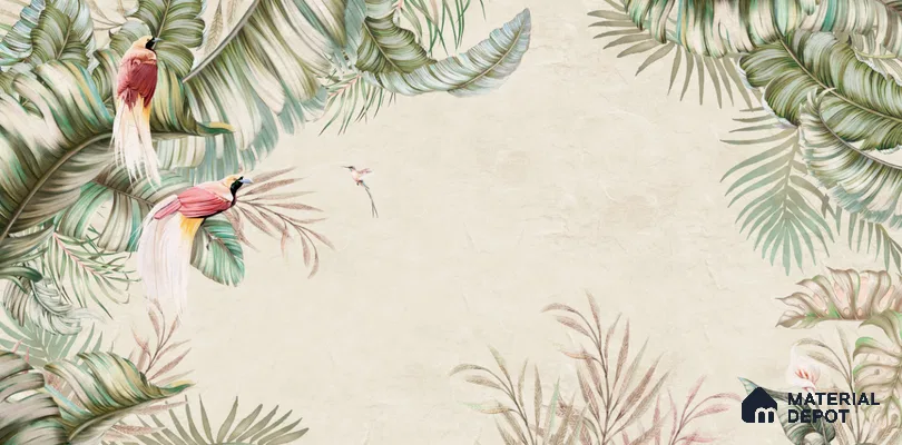 Soft Tropic Aviary Frame Tropical Mist Nature Art | WP 03961 B Canvas Texture Finish Tropical Style luxurious Customized size Wallpaper | 250 GSM WP01CNF Paper | (MOQ = 30 Sq. Ft.) | Design change not possible