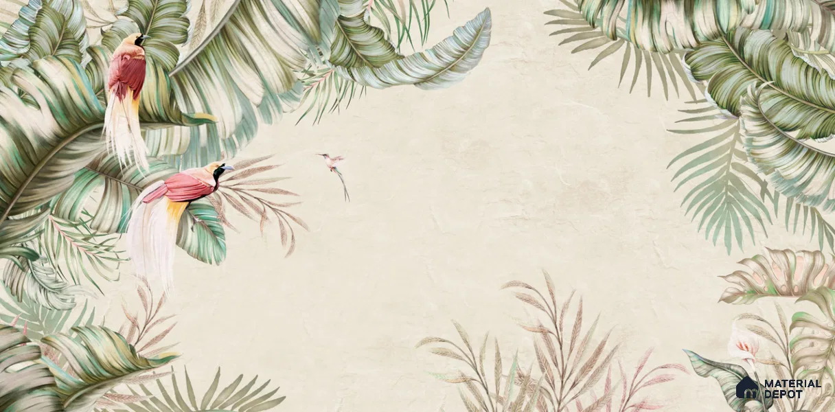 Soft Tropic Aviary Frame Tropical Mist Nature Art | WP 03961 B Canvas Texture Finish Tropical Style luxurious Customized size Wallpaper | 250 GSM WP01CNF Paper | (MOQ = 30 Sq. Ft.) | Design change not possible