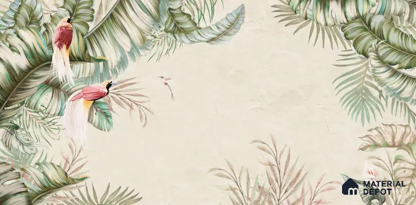 Soft Tropic Aviary Frame Tropical Mist Nature Art | WP 03961 Non Woven Matte Finish Tropical Style Premium Customized size Wallpaper | 150 GSM WP01MTF Paper | (MOQ = 30 Sq. Ft.) | Design change not possible