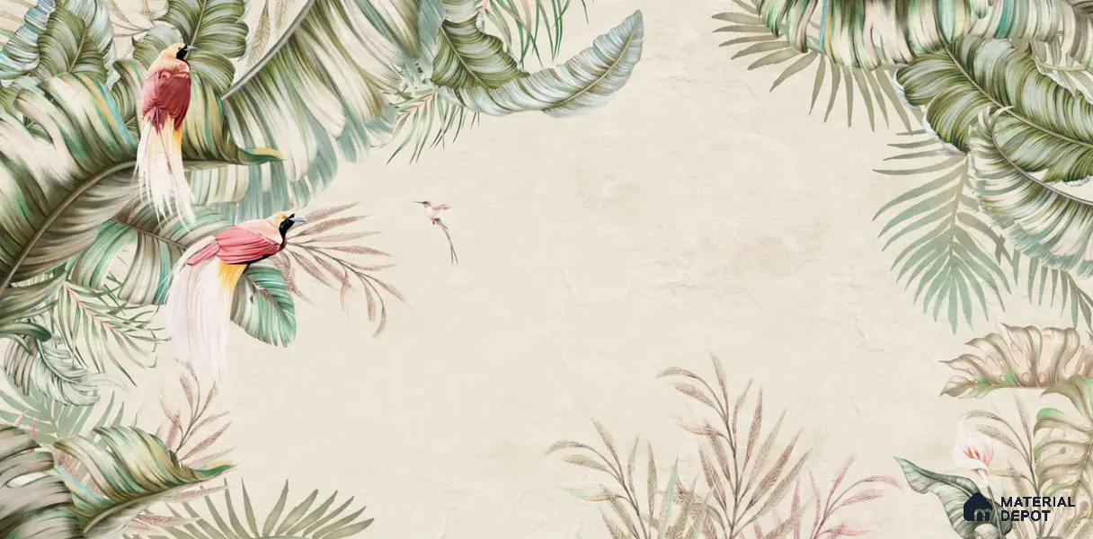 Soft Tropic Aviary Frame Tropical Mist Nature Art | WP 03961 Non Woven Matte Finish Tropical Style Premium Customized size Wallpaper | 150 GSM WP01MTF Paper | (MOQ = 30 Sq. Ft.) | Design change not possible