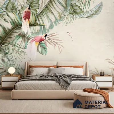 Soft Tropic Aviary Frame Tropical Mist Nature Art | WP 03961 Non Woven Matte Finish Tropical Style Premium Customized size Wallpaper | 150 GSM WP01MTF Paper | (MOQ = 30 Sq. Ft.) | Design change not possible