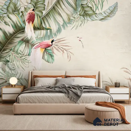 Soft Tropic Aviary Frame Tropical Mist Nature Art | WP 03961 Non Woven Matte Finish Tropical Style Premium Customized size Wallpaper | 150 GSM WP01MTF Paper | (MOQ = 30 Sq. Ft.) | Design change not possible