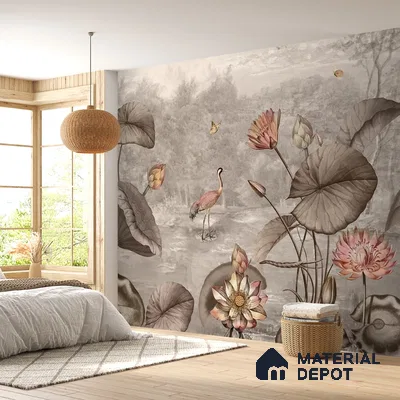 Big Lotus Leaves, Premium Indian Wallpaper Design, Customised Indrani Series Handmade Florals Design (Customised Size Wallpaper )
